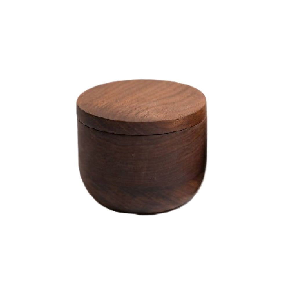Handcrafted solid walnut wood spice jar with matching lid, artisan-made for storing sea salt, spices, herbs, sugar, or seasonings in a modern organic kitchen.