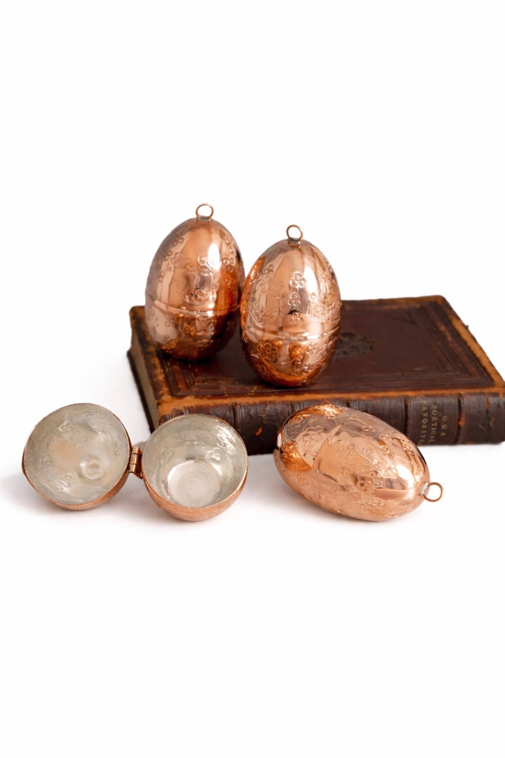 Copper Egg Ornaments with Hand-Etched Bird & Floral Motifs (Set of 2 or 4)