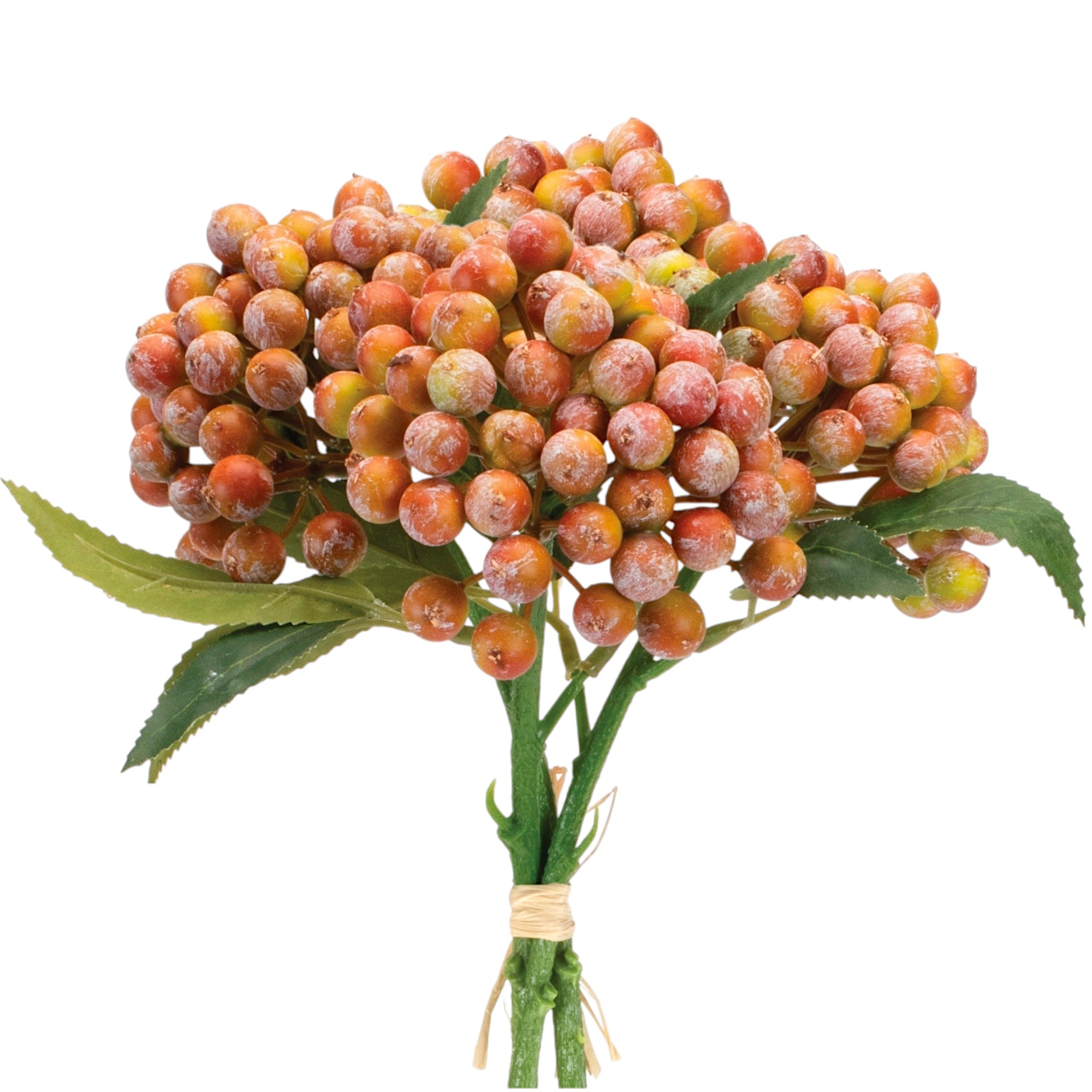 Bouquet of artificial berries with green leaves on a white background