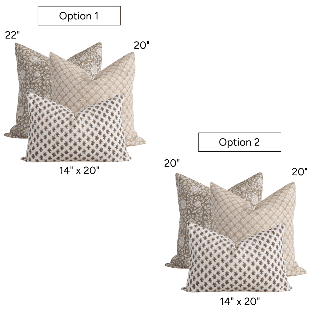 Set of decorative pillows with measurements labeled on a white background