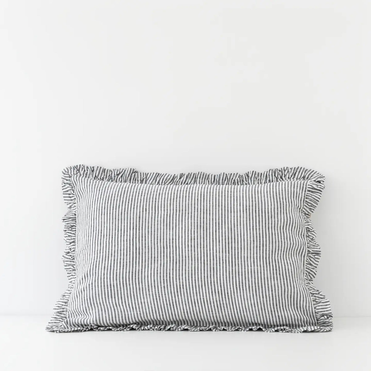 Thin Black Stripe Linen Pillowcases with Frills | Set of 2