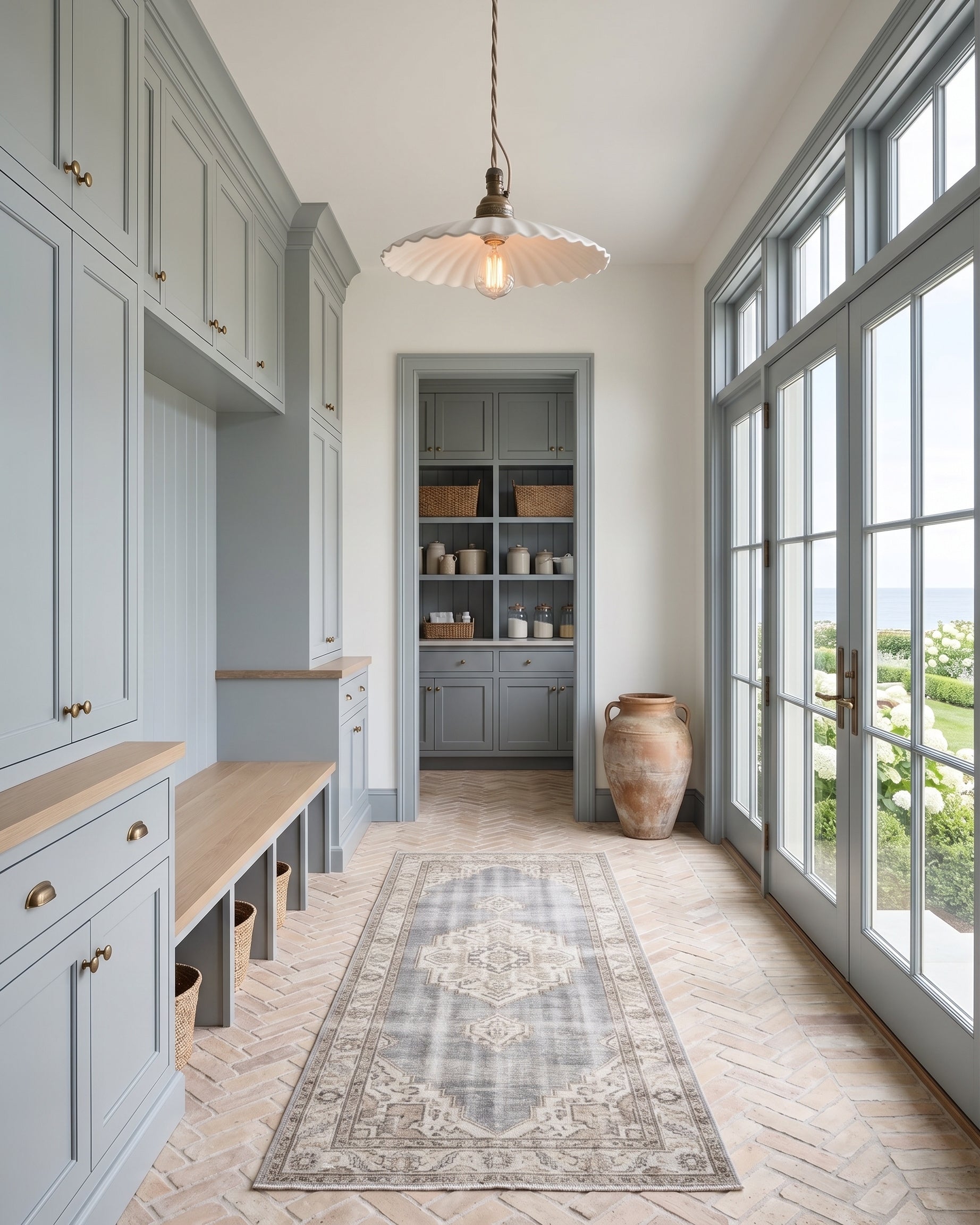 A bright, elegant sunroom or home office interior with light blue cabinetry, a wooden bench, a patterned area rug, and large windows looking out onto greenery. No people or animals are present.