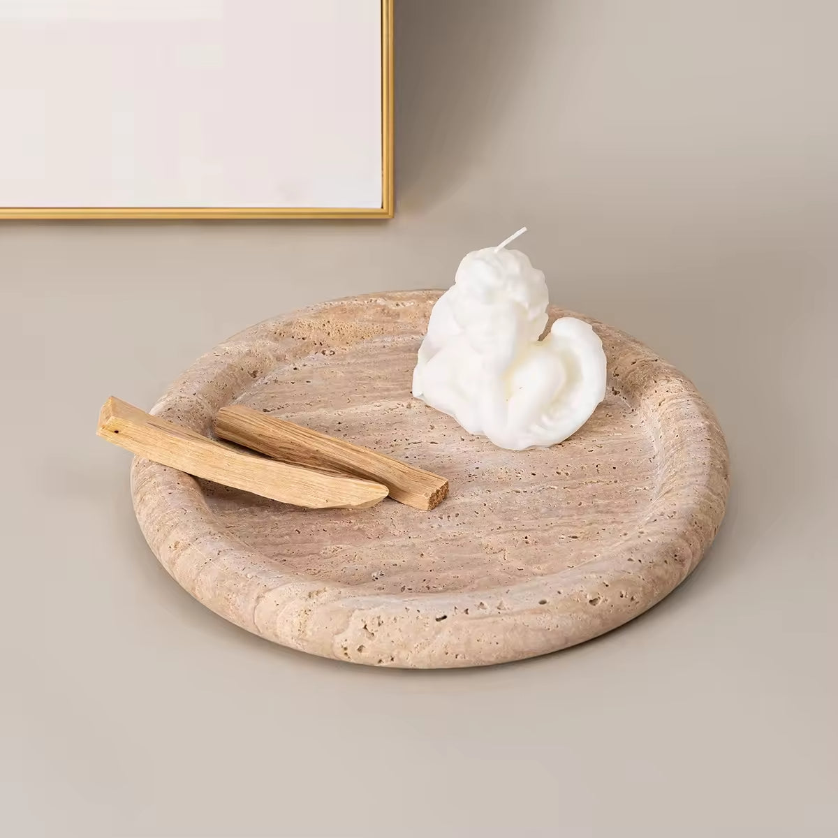 Petite Luna Travertine Tray – Round Natural Stone Catchall Dish for Jewelry & Home Decor