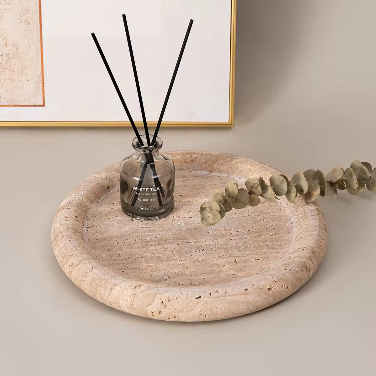 Petite Luna Travertine Tray – Round Natural Stone Catchall Dish for Jewelry & Home Decor