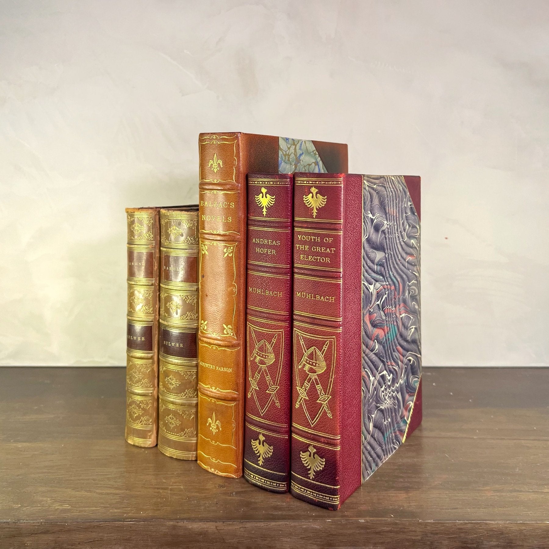 Leather Bound Antique Books, Marbled, Rare