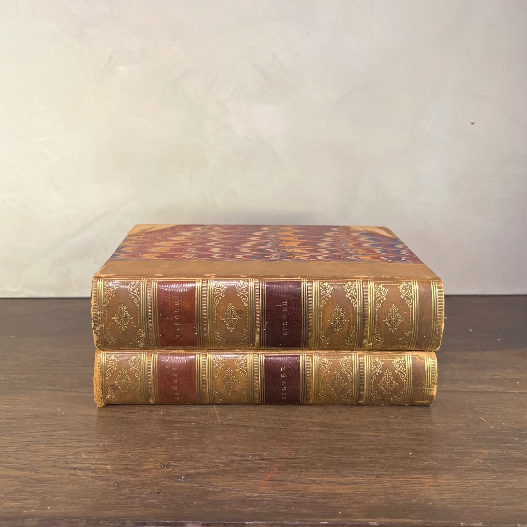 Leather Bound Antique Books, Marbled, Rare