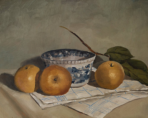 Asian pears fine art print featuring golden pears arranged beside a blue and white patterned bowl. Soft natural light, warm neutral tones, and painterly brushstrokes create timeless still life wall art for kitchens, dining rooms, and European-inspired interiors.