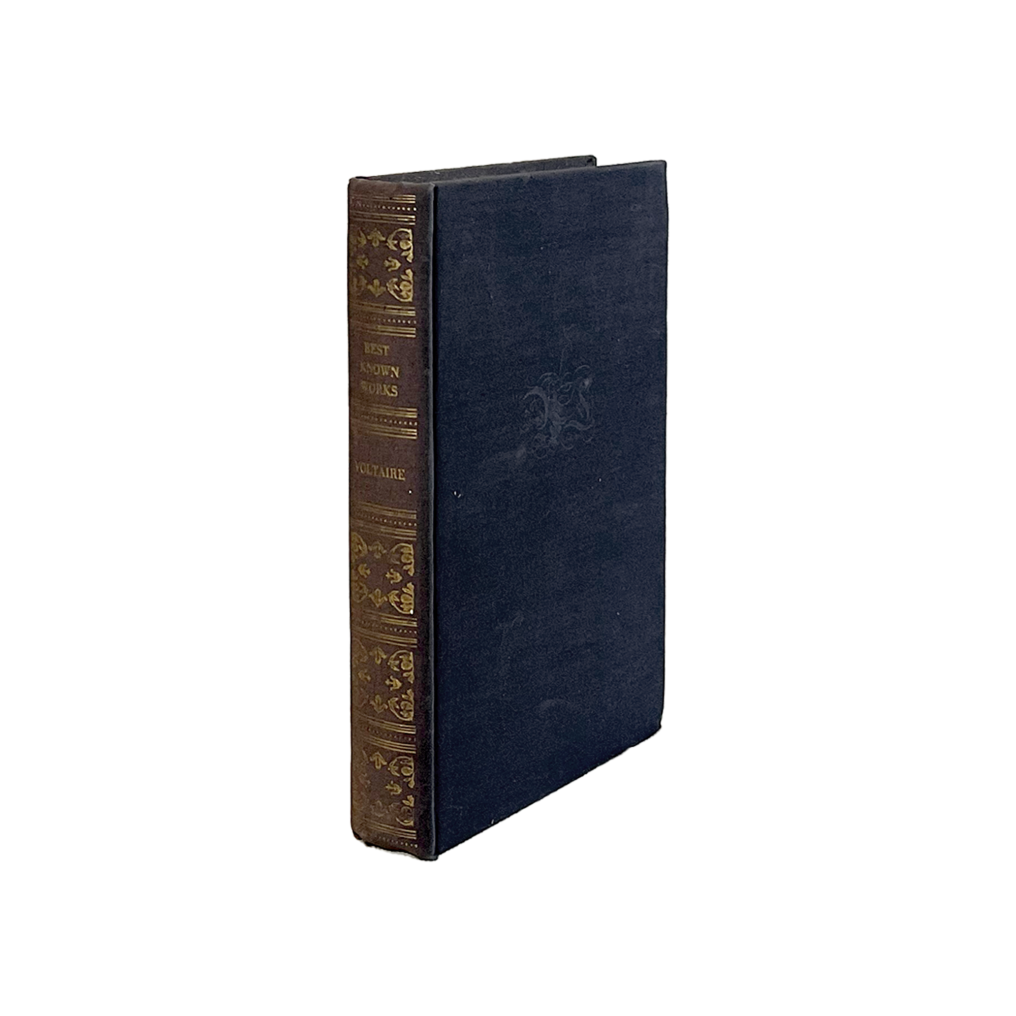 Vintage leather-bound book with decorative spine on a white background