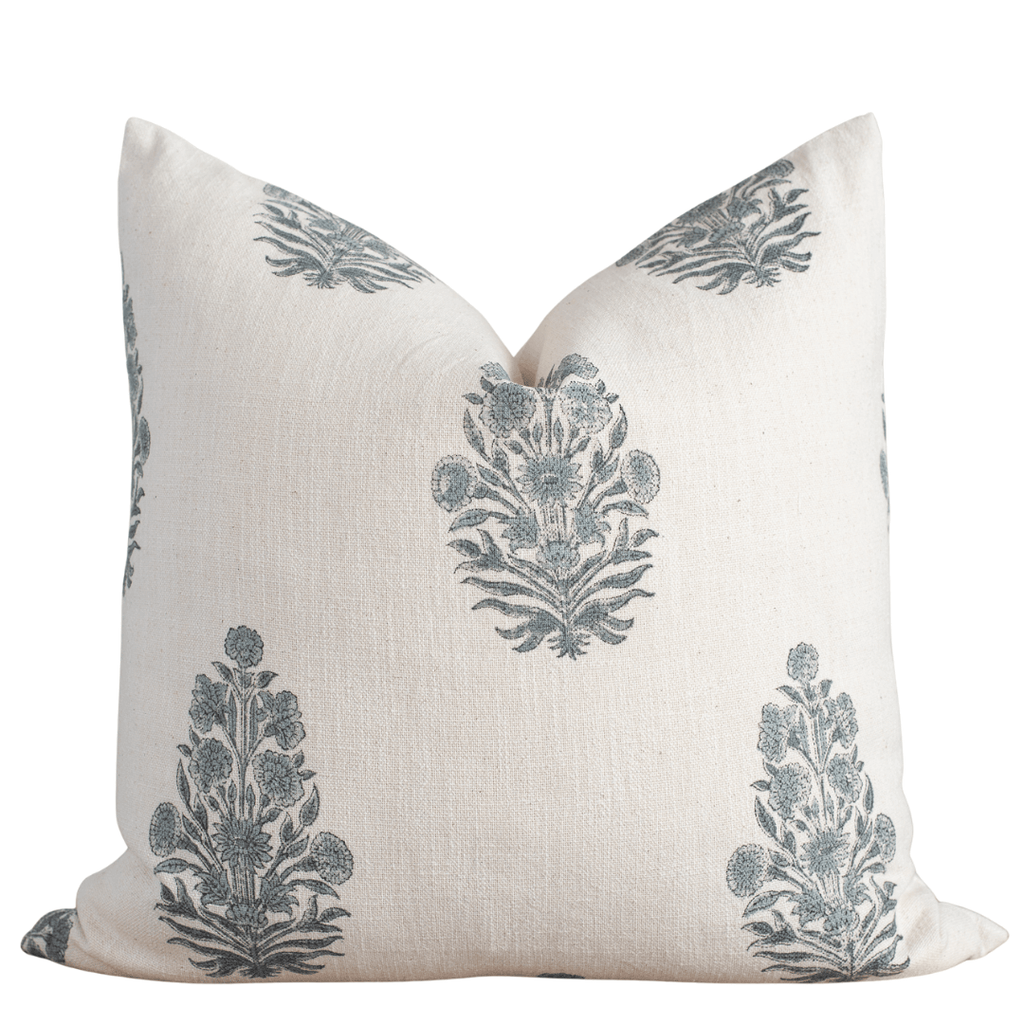 Azure Floral Block Printed Pillow Cover | Blue