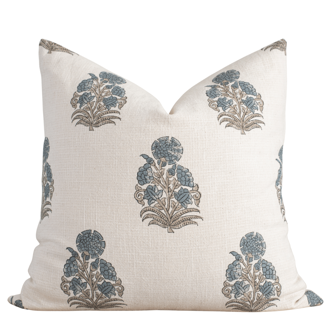 Cotton Block Print Pillow Cover | Blue & Green Floral
