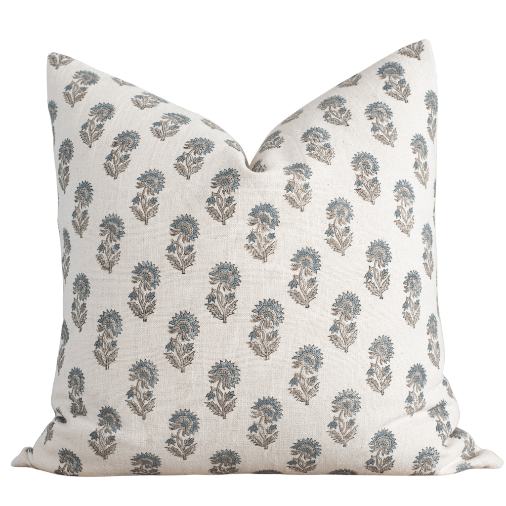 Lark Floral Block Printed Pillow Cover | Blue