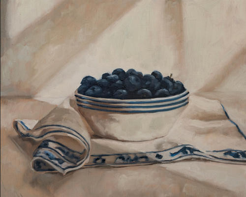 Blueberries in a striped bowl fine art print featuring ripe blueberries gathered in a cream ceramic bowl with blue stripes atop a patterned textile. Soft neutral tones, painterly brushstrokes, and classic still life composition create timeless wall art for kitchens, dining rooms, and European-inspired interiors.