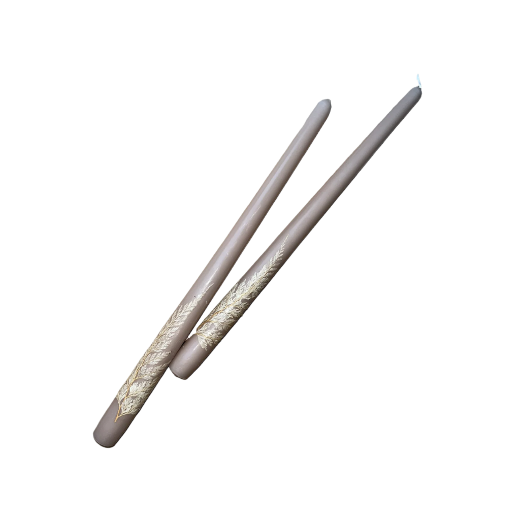 Pair of drumsticks with beige and brown patterned handles on a white background