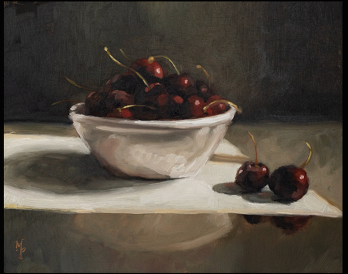 Bowl of cherries fine art print featuring ripe red cherries gathered in a cream ceramic bowl against a moody background. Rich painterly brushstrokes, soft natural light, and classic still life composition create timeless wall art for kitchens, dining rooms, and European-inspired interiors.