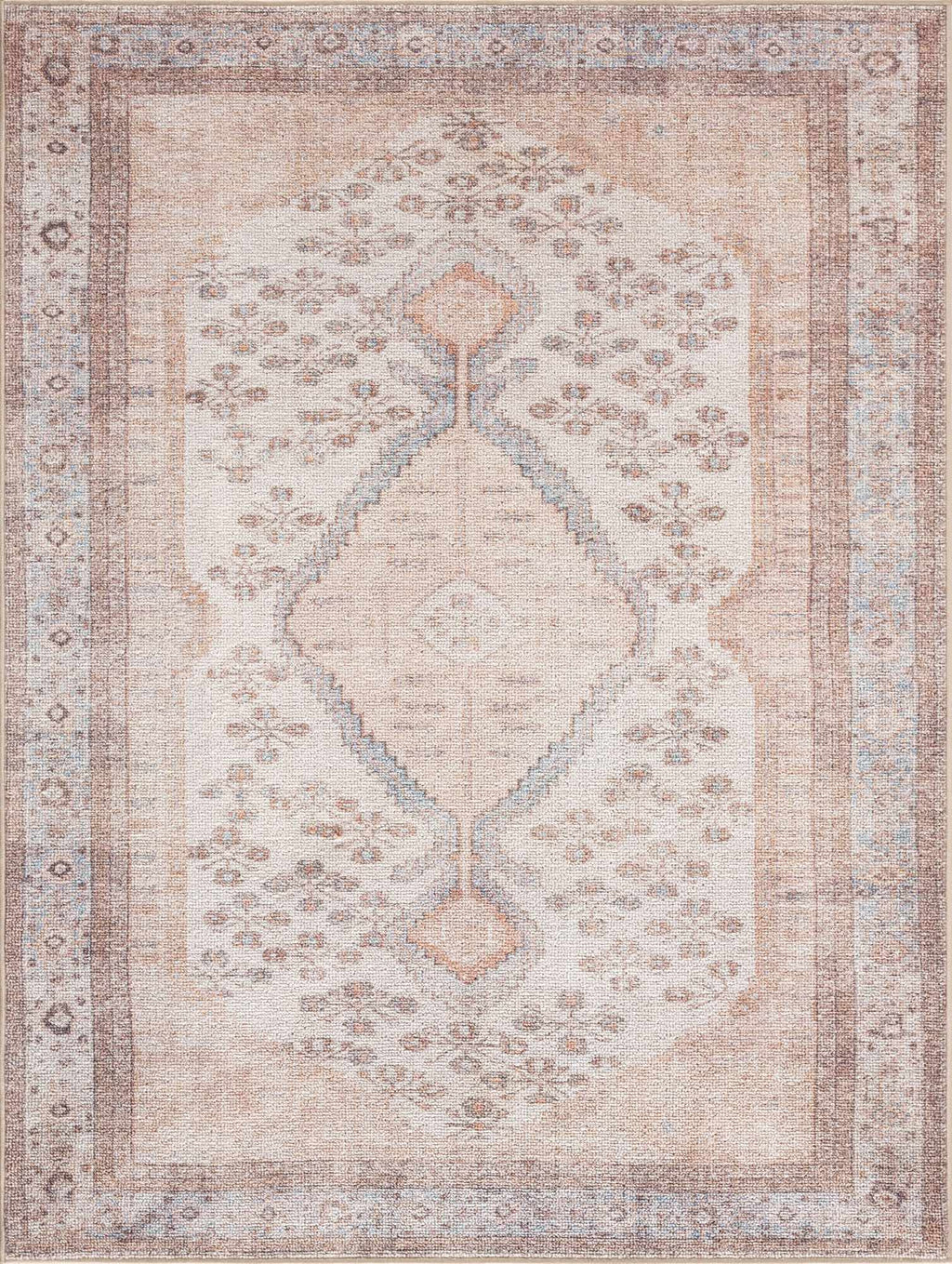 Analu Washable Non-Slip Vintage Area Rug – Tan, Blue & Brown