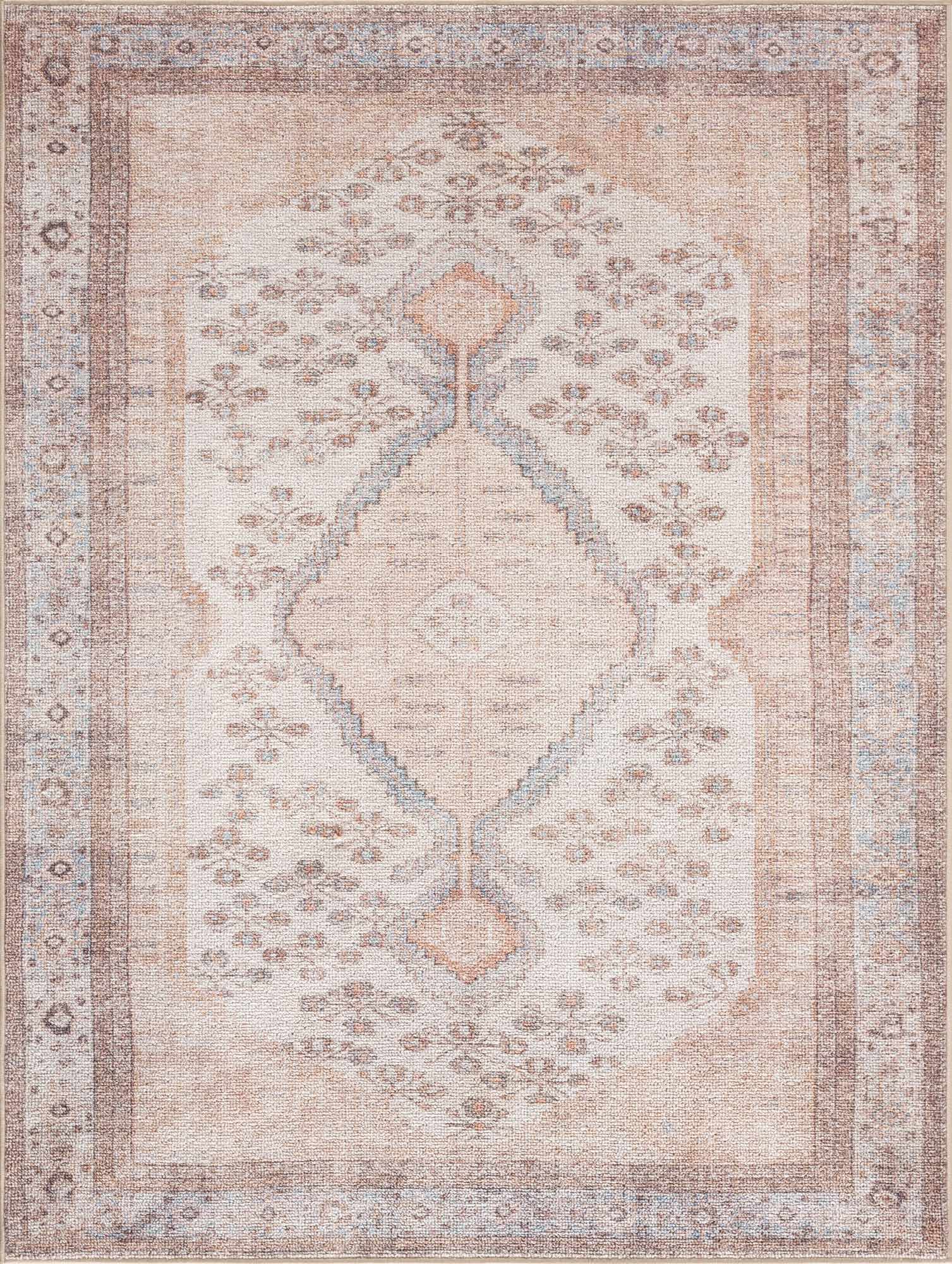 Analu Washable Non-Slip Vintage Area Rug – Tan, Blue & Brown