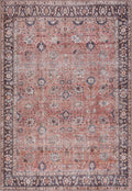 A square vintage-style area rug with a distressed, faded pattern. The dominant color is a dusty terracotta pink, complemented by a dark navy blue border and cream/beige floral motifs throughout.