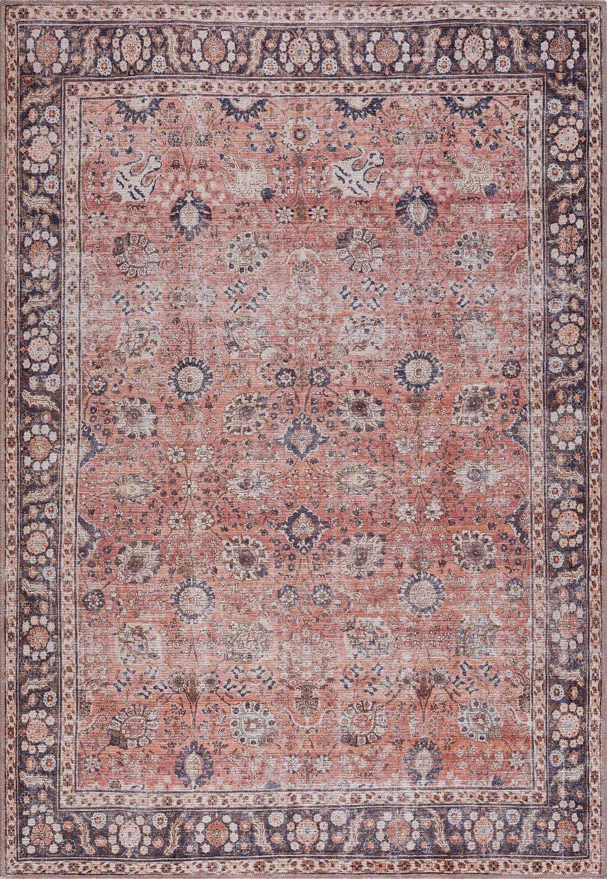 A square vintage-style area rug with a distressed, faded pattern. The dominant color is a dusty terracotta pink, complemented by a dark navy blue border and cream/beige floral motifs throughout.