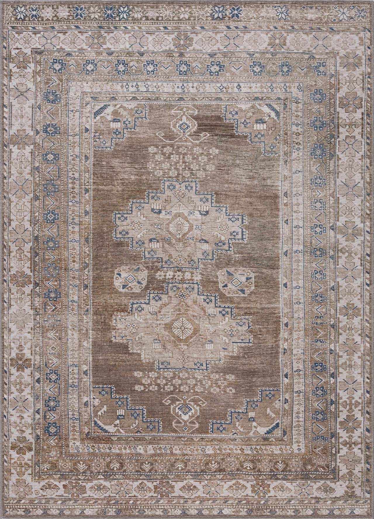 Decorative rug with intricate patterns and a border