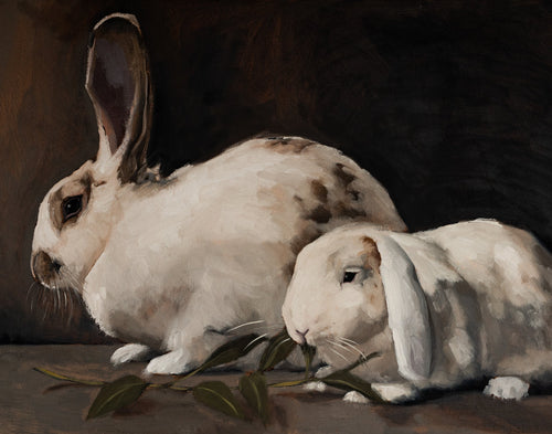Charlie and Fljortje fine art print featuring two white rabbits resting together against a moody dark background. Rich painterly brushstrokes, soft natural light, and warm neutral tones create timeless rabbit wall art for farmhouse, cottage, nursery, and European-inspired interiors.