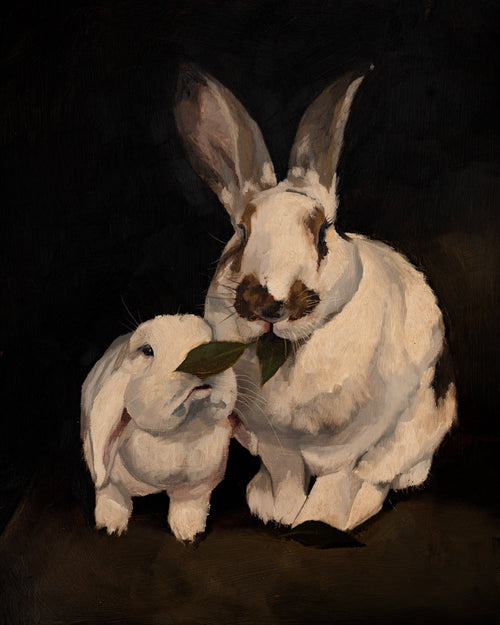 Charlie and Fljortje Snacking fine art print featuring two white rabbits sharing a leafy branch against a moody dark background. Rich painterly brushstrokes, warm neutral tones, and an intimate composition create timeless rabbit wall art for farmhouse, cottage, nursery, and European-inspired interiors.
