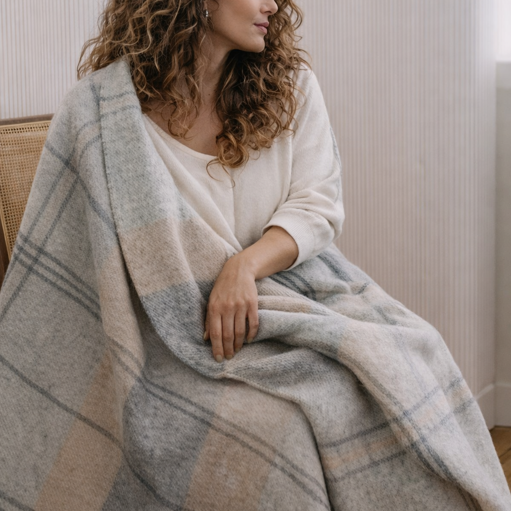 Inverness Grey Alpaca Plaid Throw Blanket – Neutral Luxury Alpaca Throw for Sofa & Bed