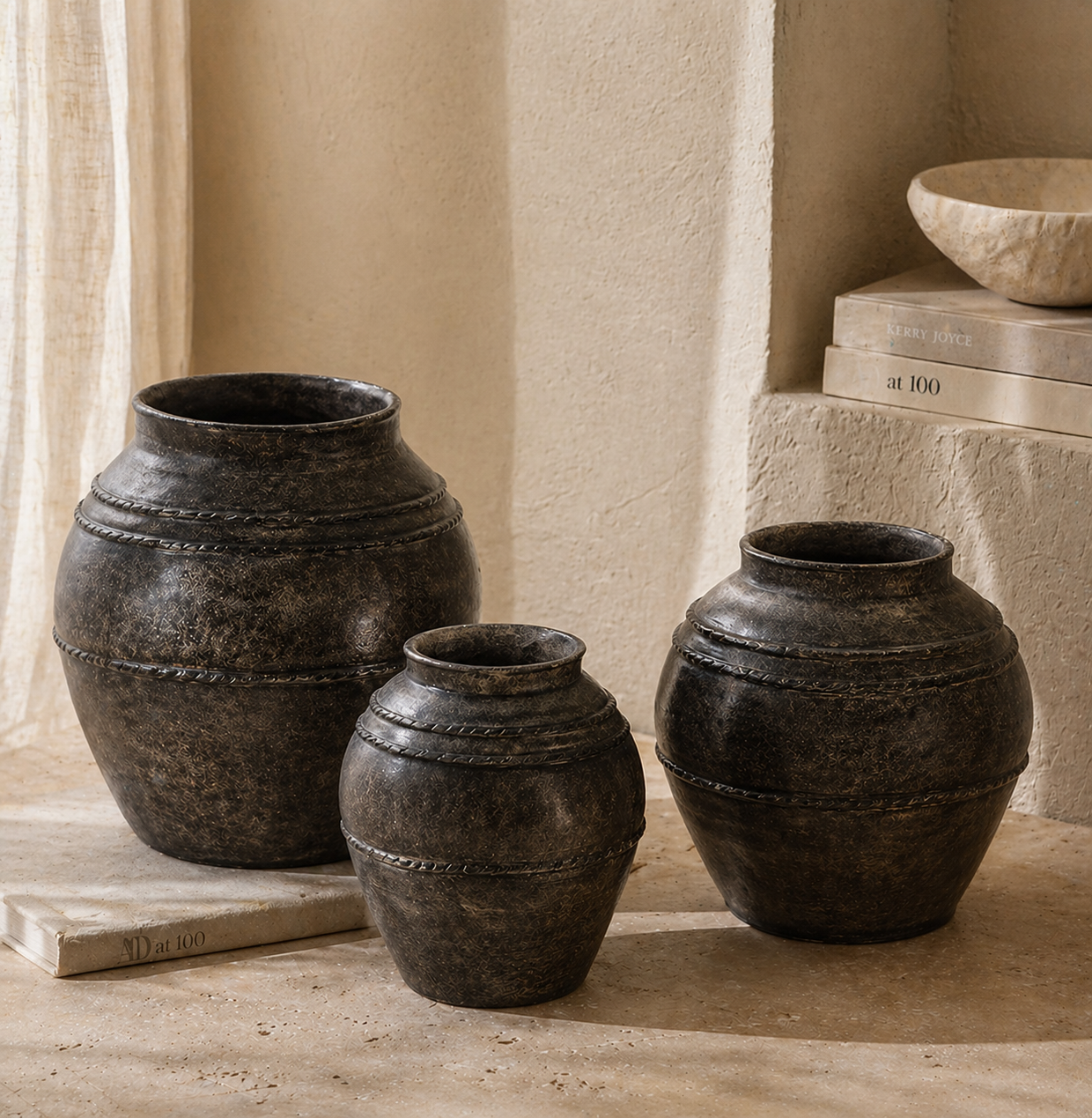 Patancheru Ceramic Vase Collection – Gray Textured Boho Vases for Indoor