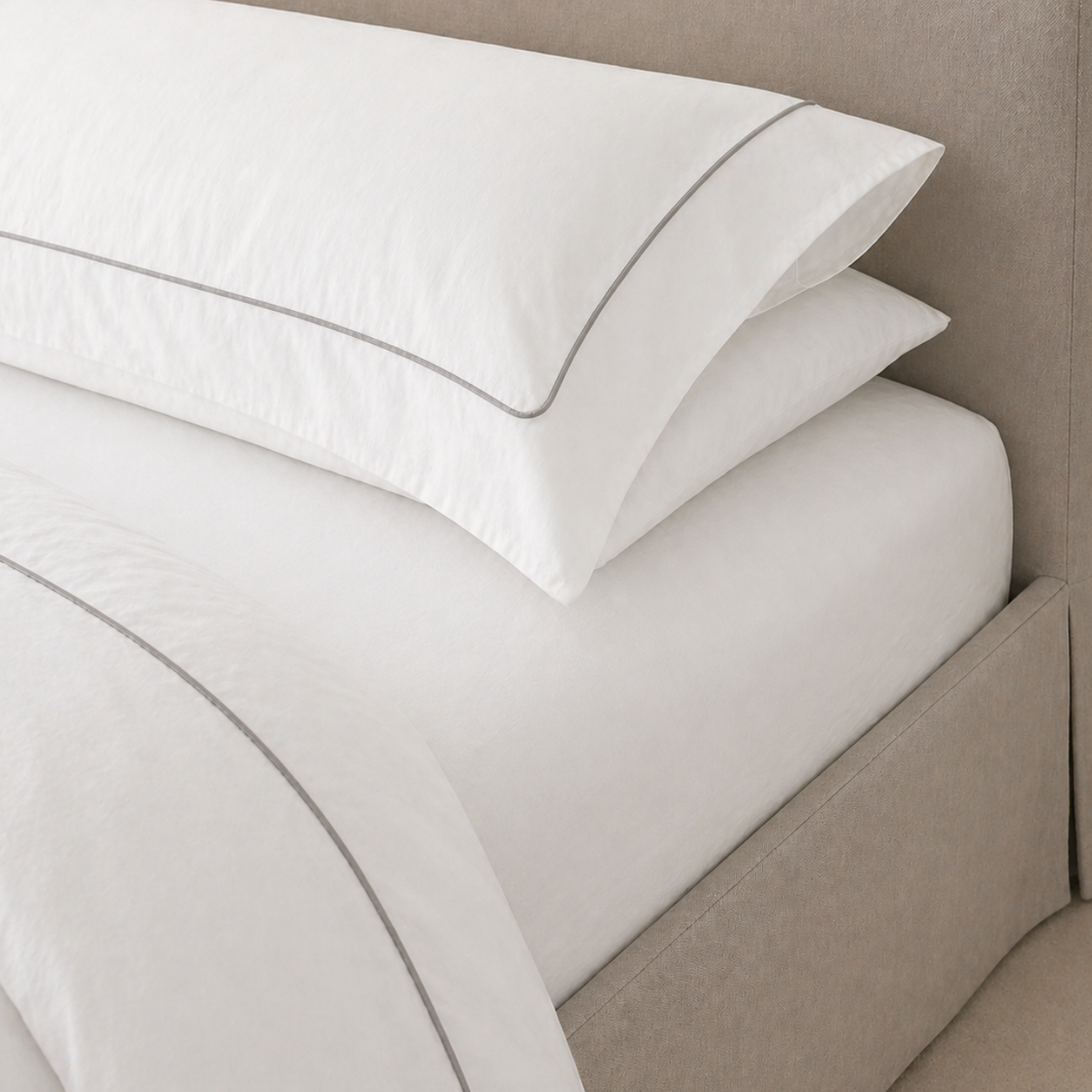 White Duvet Cover Set with Light Grey Piping – 100% Cotton, Linen or Linen Blend | Handmade 3-Piece Luxury Bedding Set