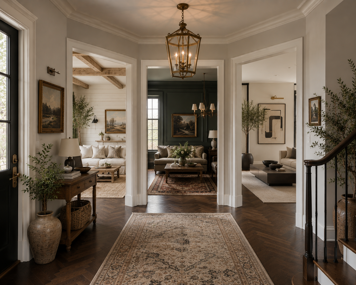 A grand, symmetrical entryway with dark wood floors, a patterned area rug, and a hanging brass chandelier. Through the white-trimmed arches, one sees a bright living room with white walls and wood ceiling beams, another with a dark green accent wall, and a third with a modern gray sofa.