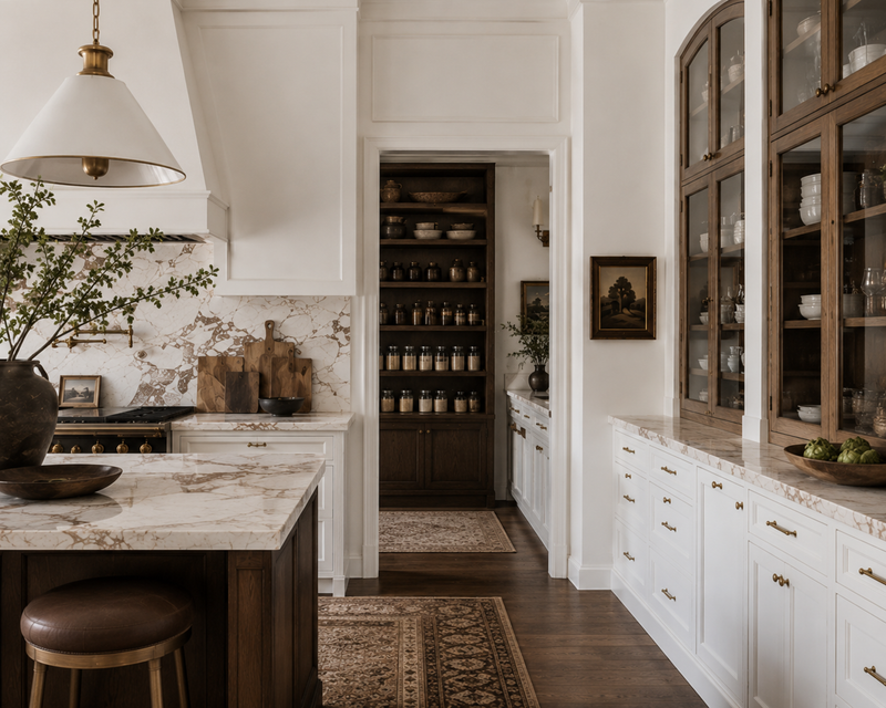 A luxury kitchen interior featuring white shaker-style cabinets, a large marble island, dark wood cabinetry with glass doors, and a central pantry passage with shelves of jars.