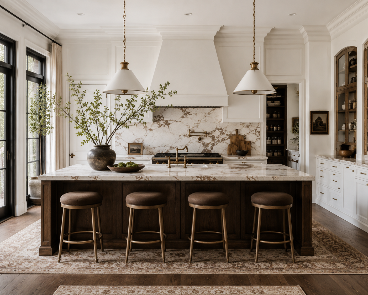 A luxury kitchen interior featuring a dark wood island with a white marble countertop, four brown leather bar stools, a large white range hood, and pendant lights.