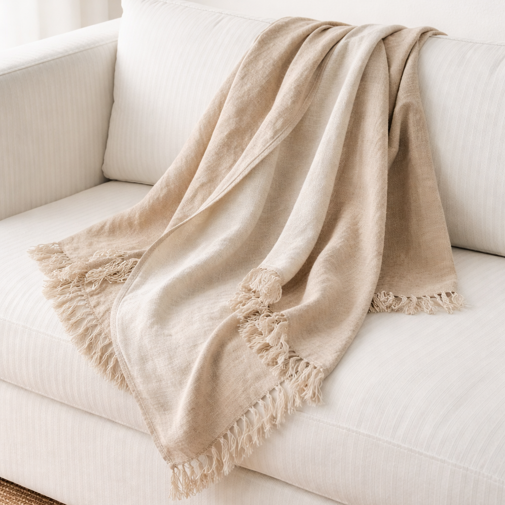 Salina Double-Sided Linen Throw – 100% European Linen Blanket with Fringe | Oversized Neutral Bed & Sofa Throw