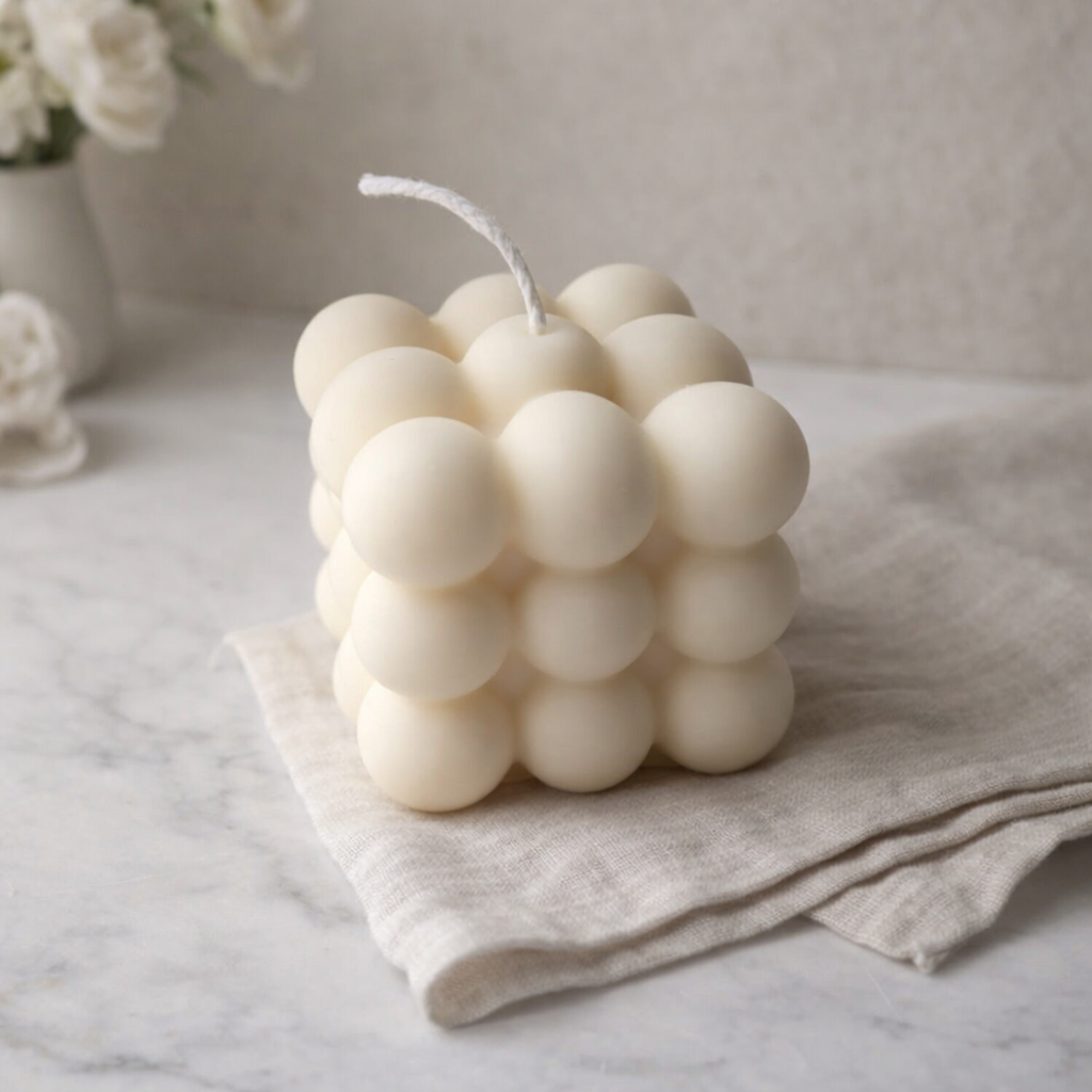 Hand-Poured Bubble Cube Candle | Minimalist Ivory Decorative Candle | Sorelle Rossi