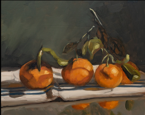 Clementine Trio II fine art print featuring three ripe orange clementines with leafy stems arranged on a tabletop against a moody background. Rich painterly brushstrokes, warm citrus tones, and dramatic light create timeless still life wall art for kitchens, dining rooms, and European-inspired interiors.
