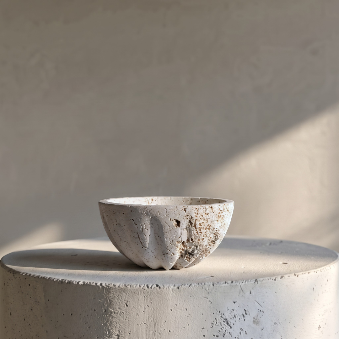 Corona Borealis White Travertine Bowl with Curved Edge