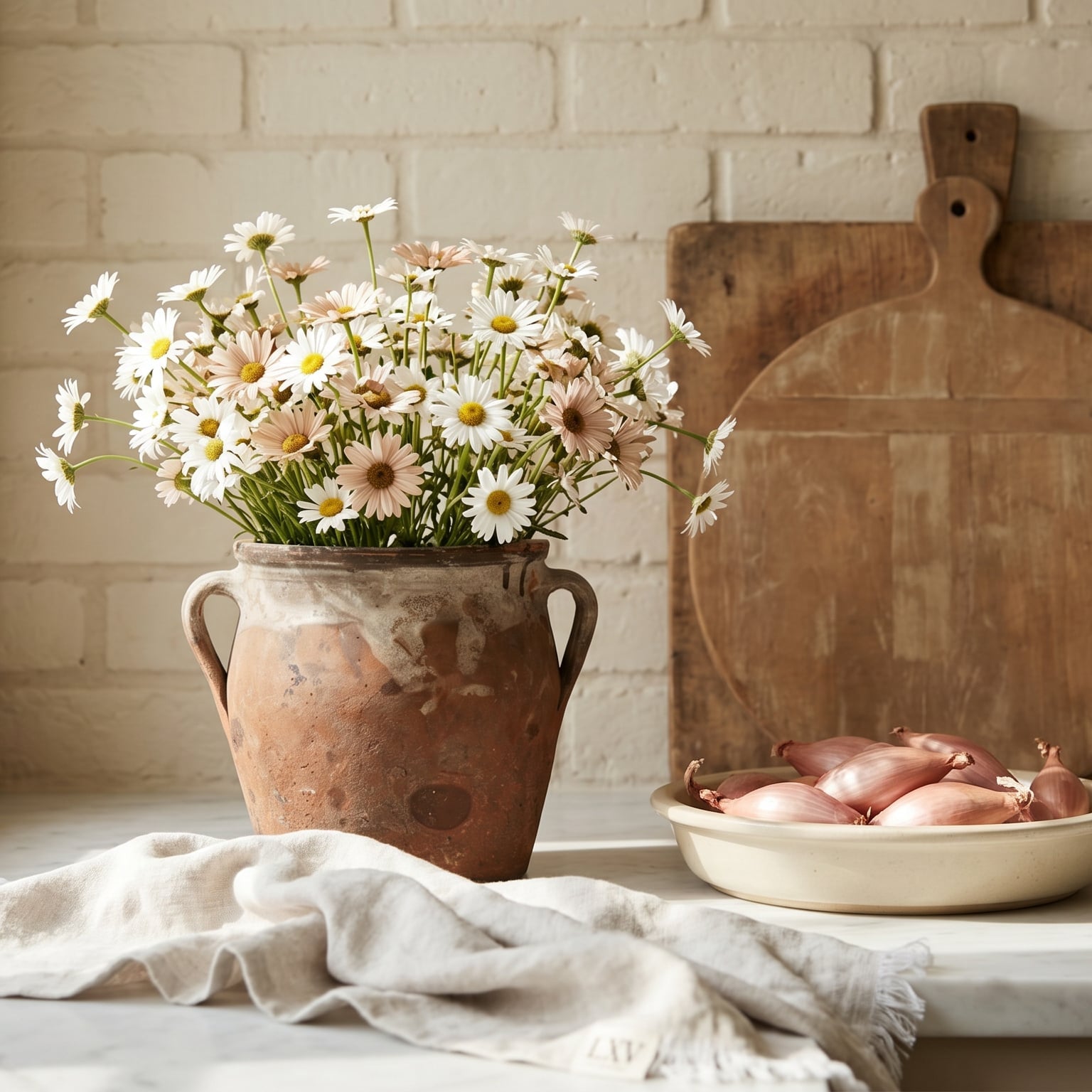 Vase of flowers on a windowsill with a bowl of onions and wooden cutting boards in the background.