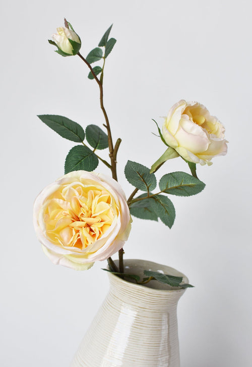 White vase with yellow flowers on a light gray background