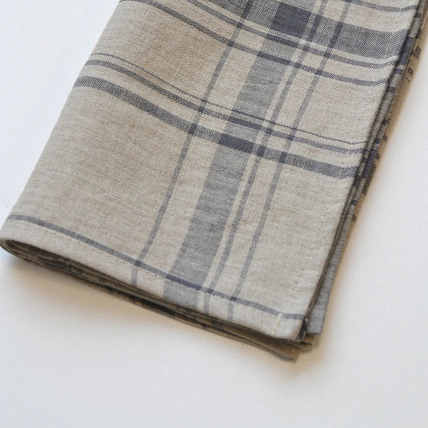 Plaid Linen Napkins – Set of 4 (Maine) | Pewter & Natural European Flax Cloth Napkins for Table Setting
