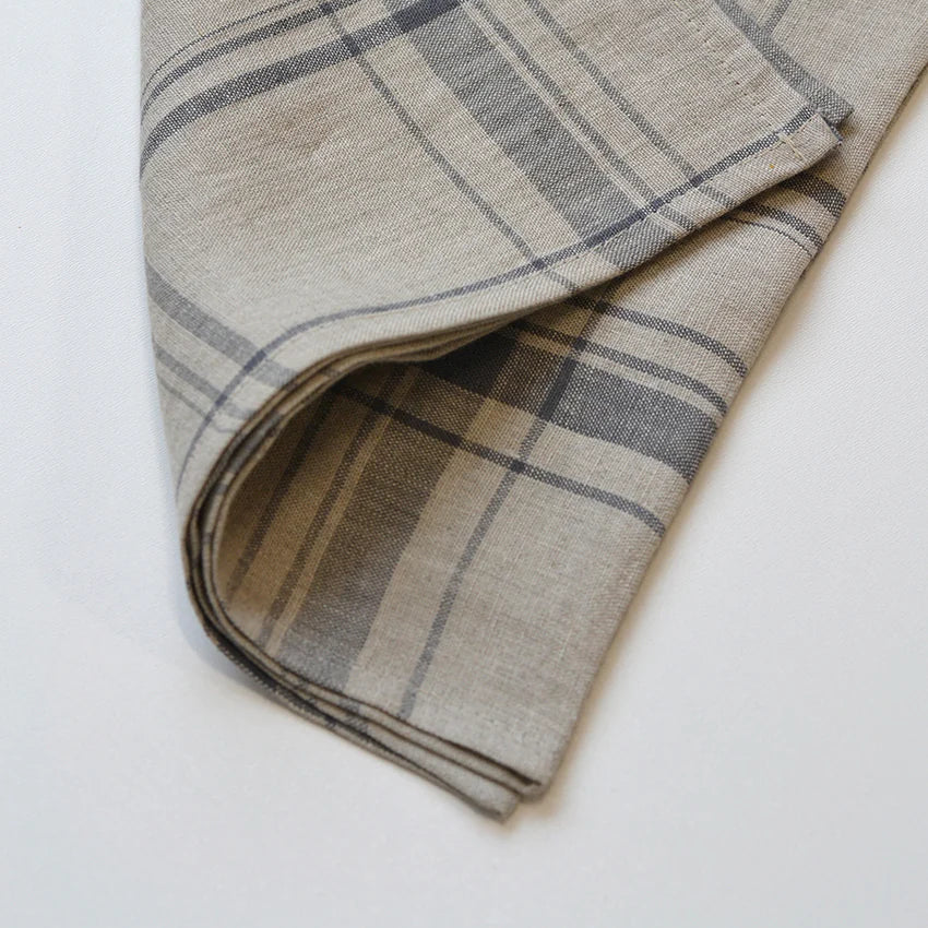 Plaid Linen Napkins – Set of 4 (Maine) | Pewter & Natural European Flax Cloth Napkins for Table Setting