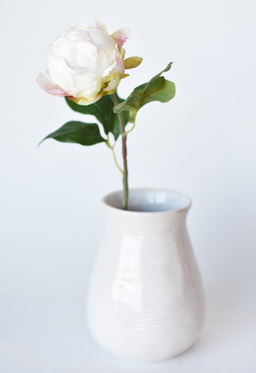 White vase with a single white flower on a light gray background