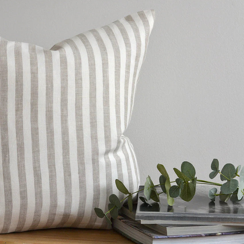 Parallel Striped Linen Pillow Cover – Off-White & Taupe | 100% Linen Decorative Cushion