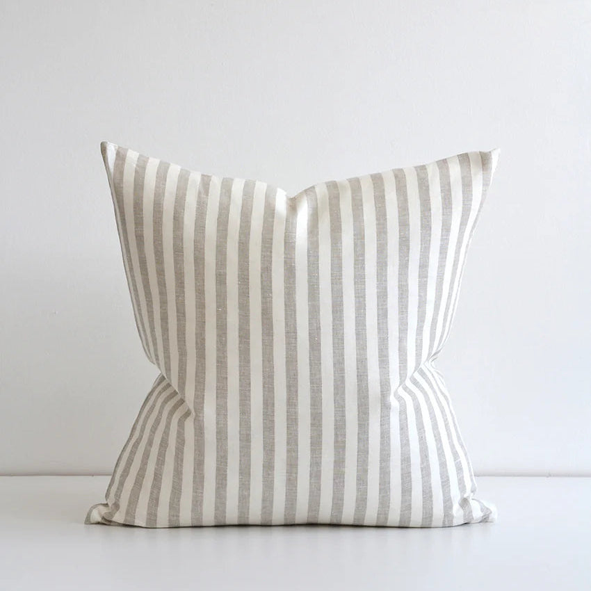 Parallel Striped Linen Pillow Cover – Off-White & Taupe | 100% Linen Decorative Cushion