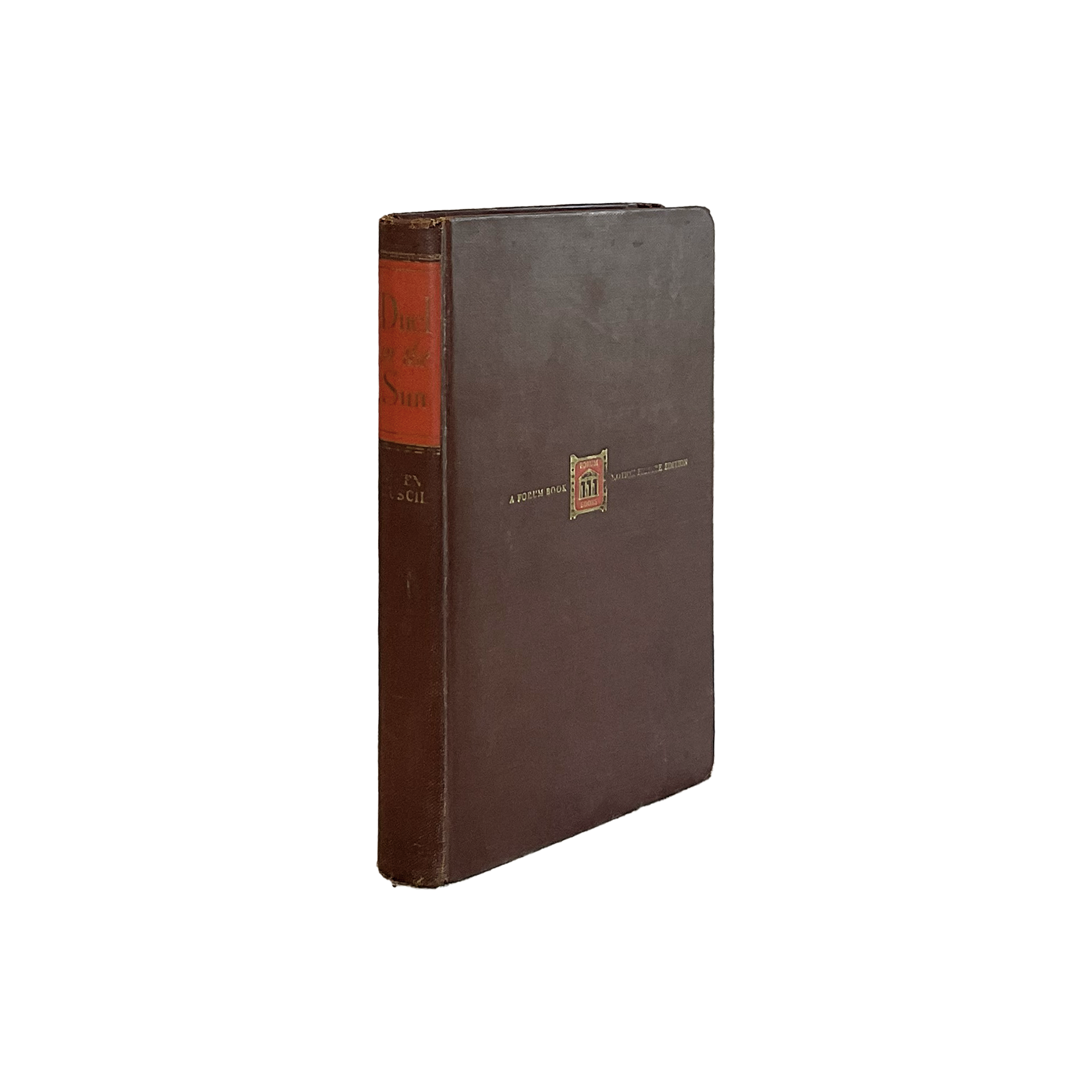 Brown leather-bound book with red spine on a white background