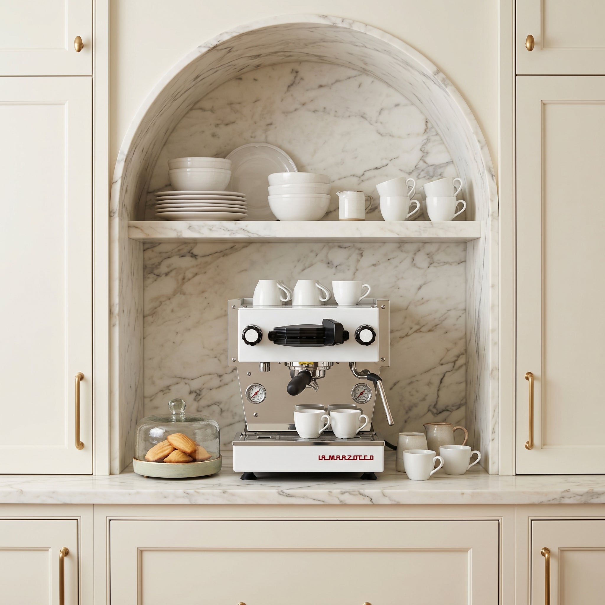 Espresso machine in a kitchen with marble backsplash and cabinets