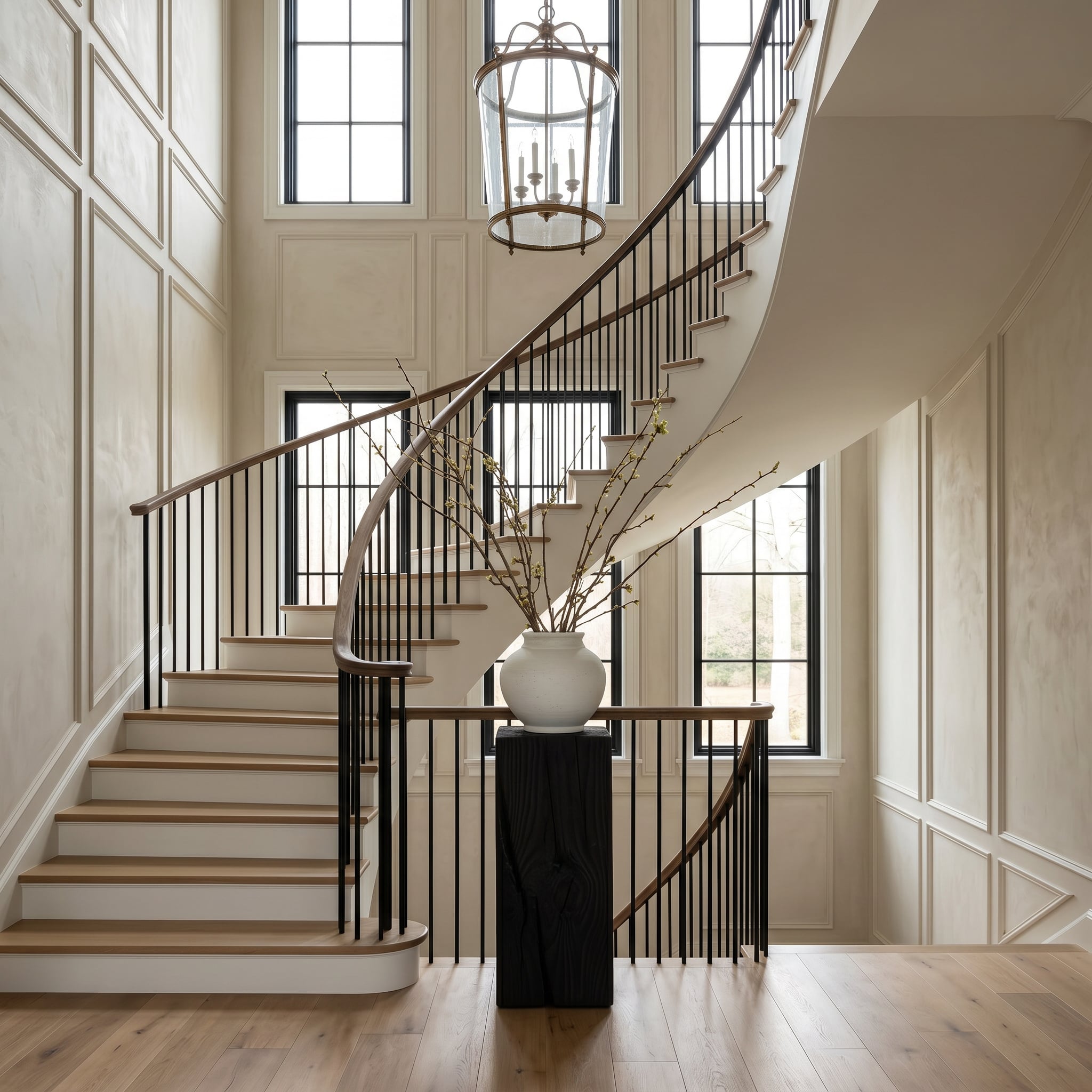 Staircase with black railing in a well-lit room with large windows.