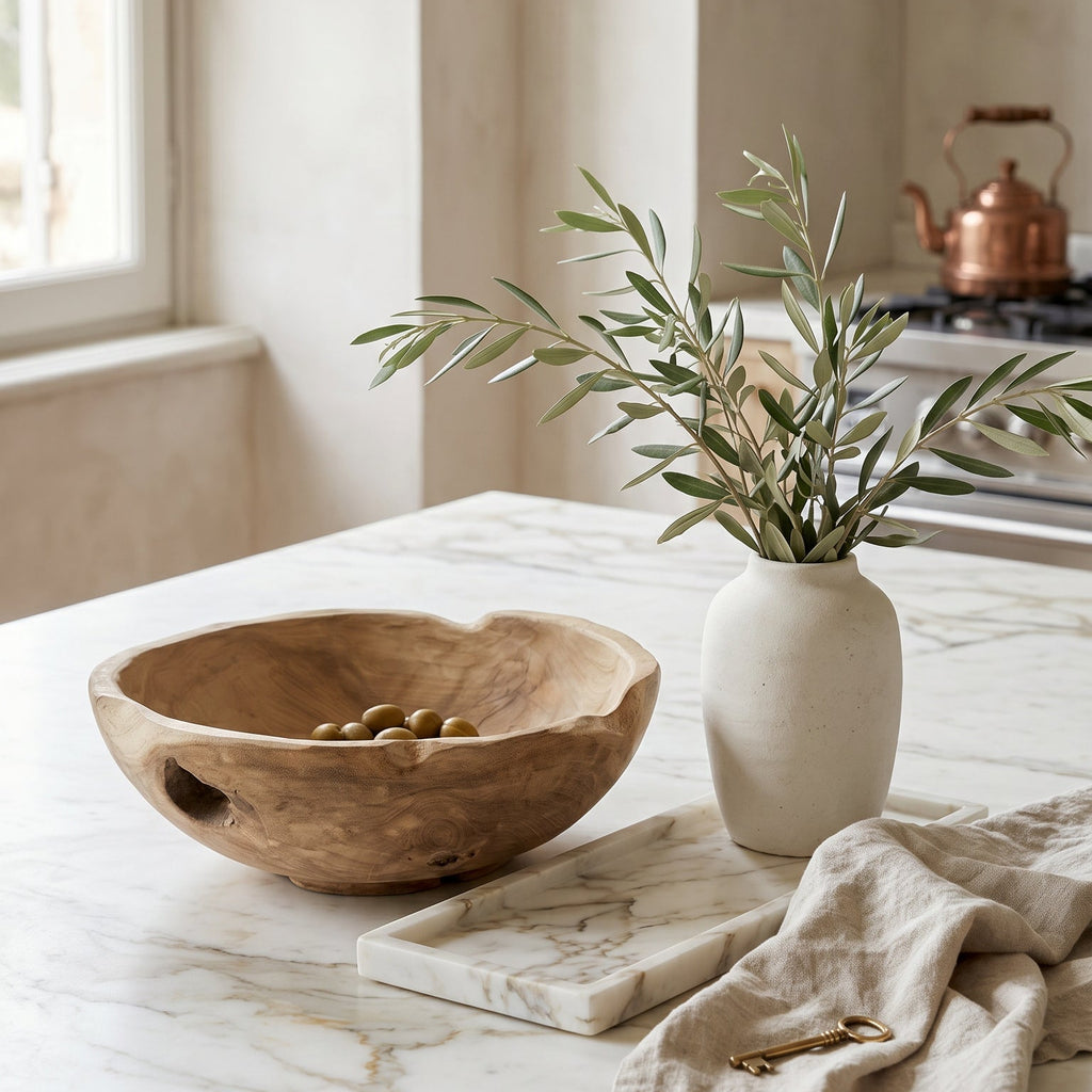 European-inspired neutral kitchen – artisan ceramics and layered natural textures – quiet luxury interior styling | Sorelle Rossi Shoppe