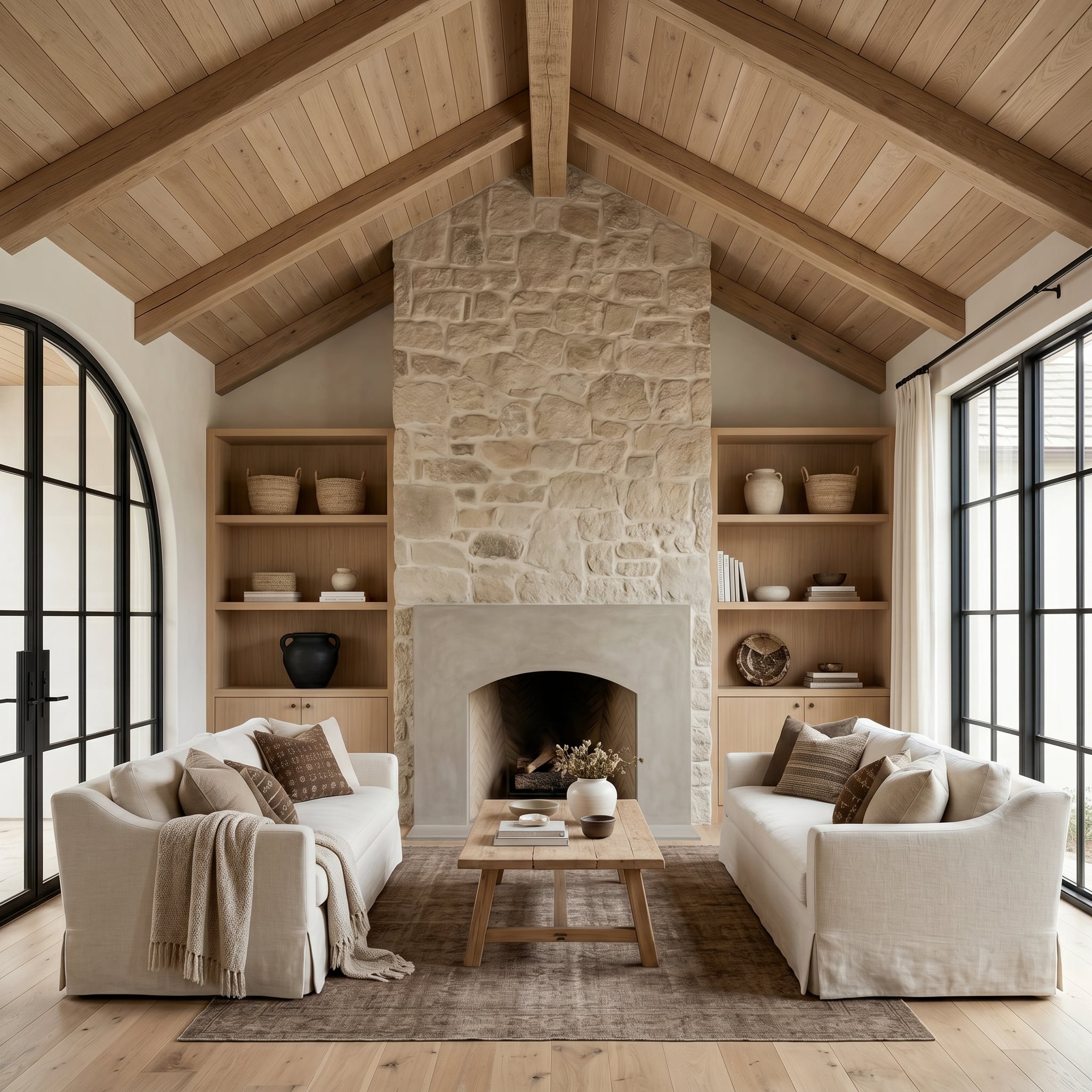Cozy living room with stone fireplace, wooden beams, and large windows.