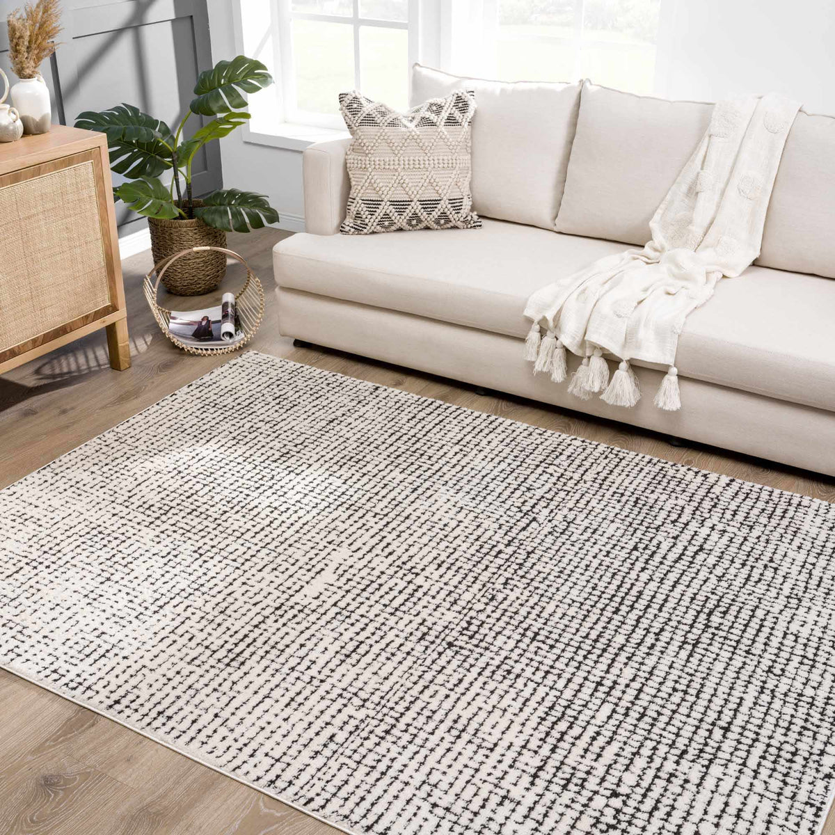 Keita Cream & Black Grid Plush Rug