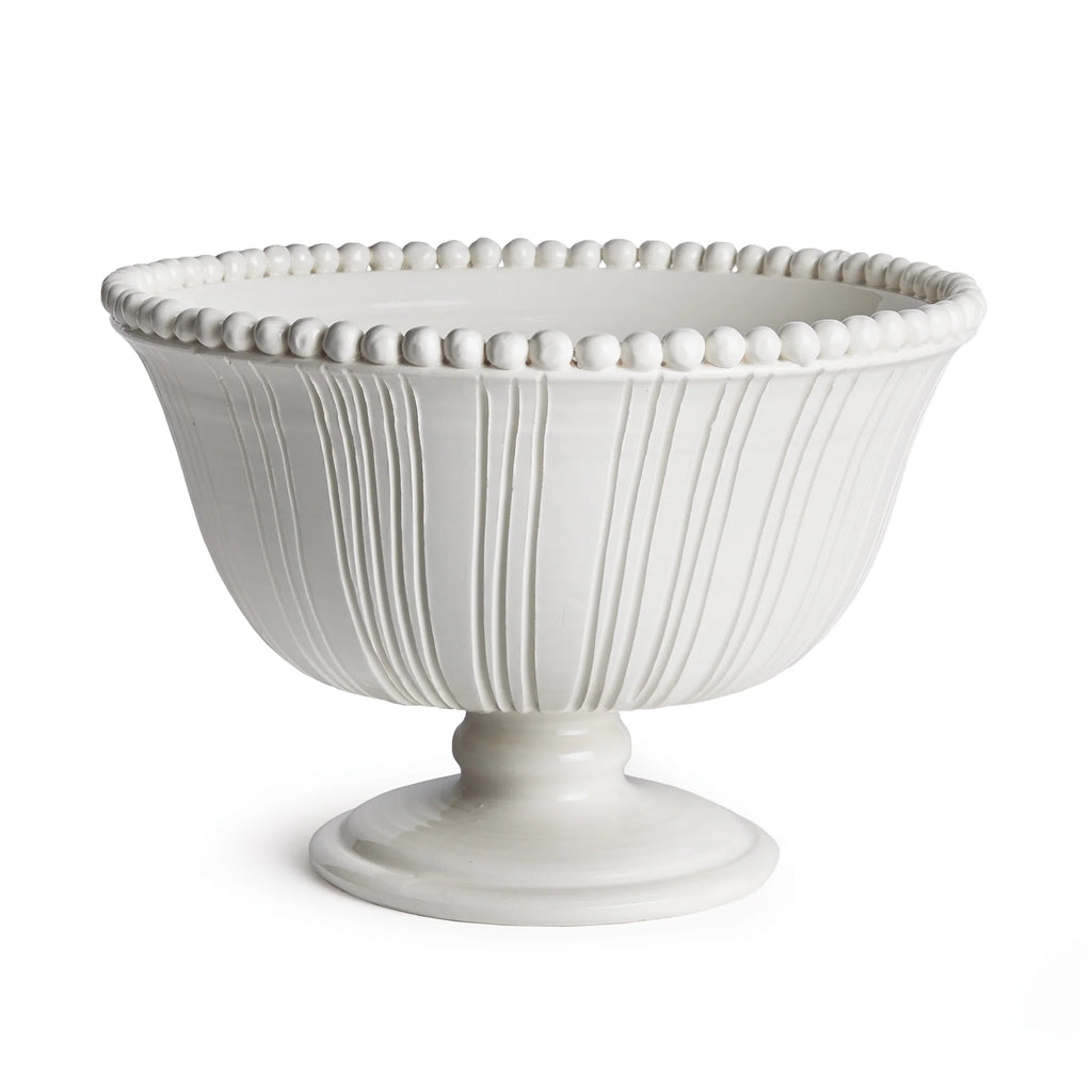 Elegant white ceramic pedestal bowl with fluted detailing and decorative beaded rim for timeless European-inspired tabletop styling | Sorelle Rossi Shoppe