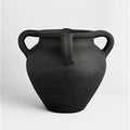 Black ceramic jar with handles on a white background